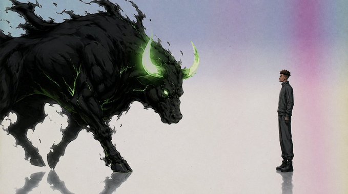 A young man stands calmly facing a massive, shadowy black bull with glowing green horns and cracks of emerald light across its body, set against a soft pink and white gradient background. The dramatic "gm $ansem bullivers" scene evokes a "good morning" bullish crypto sentiment, with the lone figure confidently confronting the towering bull as a symbol of market strength.
