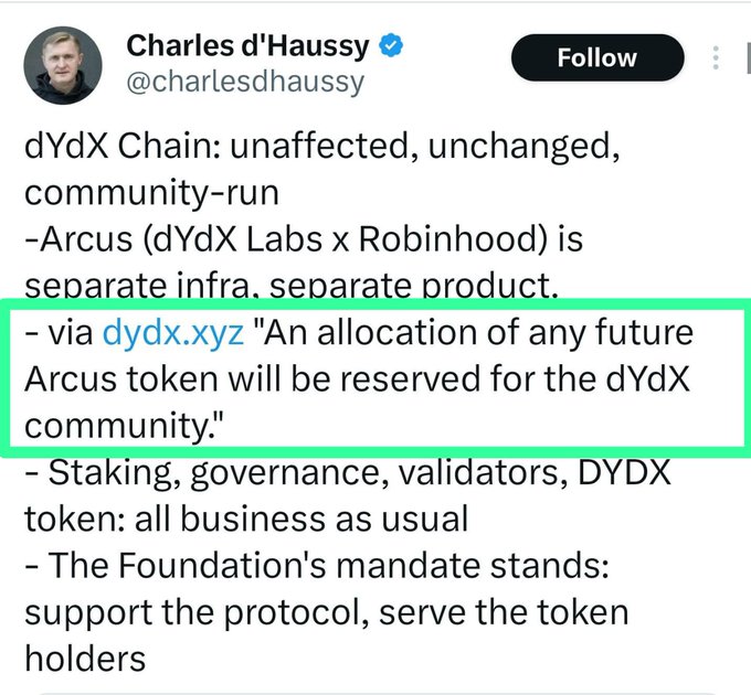 A tweet from Charles d'Haussy (@charlesdhaussy) clarifying that the dYdX Chain is unaffected, with a highlighted quote: 'An allocation of any future Arcus token will be reserved for the dYdX community.'