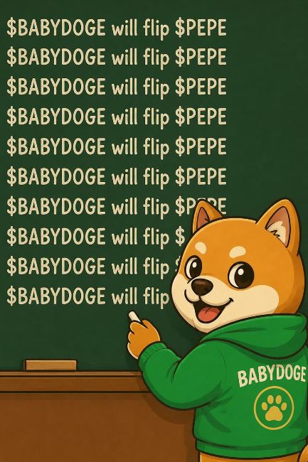 The image features a cartoon dog wearing a green hoodie, standing next to a chalkboard with various dollar signs written on it. The dog appears to be teaching or explaining something related to cryptocurrency, as indicated by the text "$BABYDOGE is going to flip $PEPE". This playful and humorous approach to discussing complex topics like Bitcoin and cryptocurrency might make learning about these digital assets more engaging for children or those who are not familiar with such concepts.