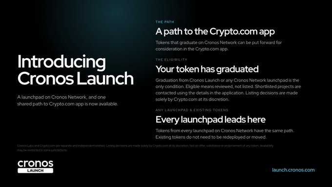 A promotional graphic announcing "Introducing Cronos Launch" with the headline "A path to the Crypto.com app," highlighting that tokens graduating from Cronos Network launchpads can be considered for the Crypto.com app, alongside details on token eligibility and a unified launchpad pathway directing users to launch.cronos.com.