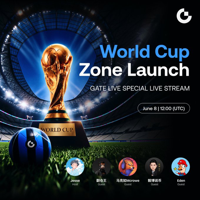 The image features a soccer ball with a World Cup trophy on top of a stadium field. The text in the image reads "World Cup Zone Launch Gate Live Special Stream June 8 12:00 UTC", indicating that there's an event happening soon related to the World Cup, and it is exclusive for those who watch the live stream. The post also mentions that there are five people featured on the image, possibly representing different teams or organizations involved in the World Cup.