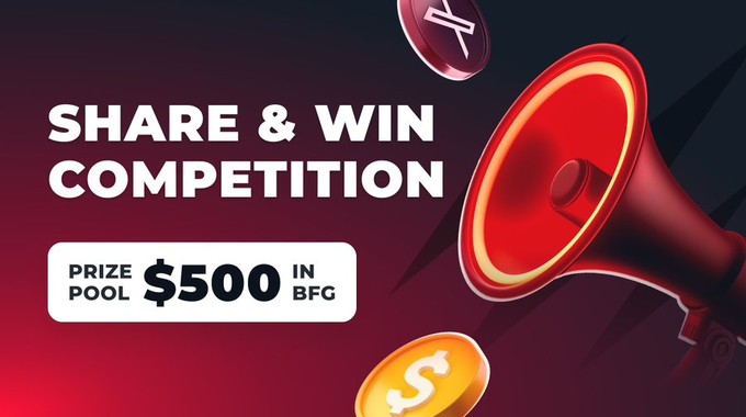 A promotional banner for a "SHARE & WIN COMPETITION" featuring a red megaphone and gold coins, announcing a "$500 PRIZE POOL IN BFG" to be split among 25 lucky winners, matching the post celebrating Betfurians #bf_share_win contest winners.