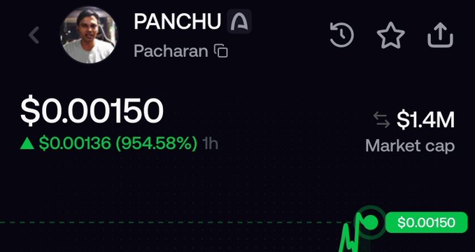 A cryptocurrency tracker shows the token 'PANCHU' (Pacharan) priced at $0.00150, up 954.58% in the last hour with a $1.4M market cap.