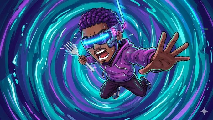 urn of fire, sword, and fork are depicted against a purple and blue gradient background, with the character's arms outstretched.