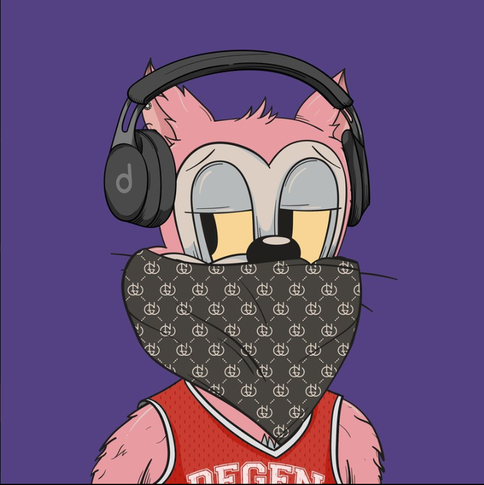 A pink cartoon cat character wearing black headphones, a black bandana, and a red 'DEGEN' jersey against a purple background.