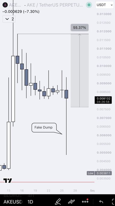 A 1-day TradingView chart of AKE/USDT Perpetual showing a sharp downward wick labeled "Fake Dump" down to a low of $0.003811, followed by recovery, with the post setting up a long position targeting a 50%+ move based on the perceived liquidity sweep.