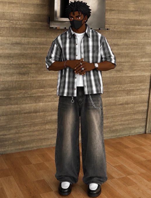 A young man with locs wears a black mask, oversized black-and-white plaid shirt, and baggy black jeans with a wallet chain, standing in front of a TV.

The caption complements the casual, laid-back vibe of the "gm frens" post, with the figure's relaxed streetwear fit and hands-clasped pose echoing the chill, humorous tone of skipping church on "moi moi Sunday" to check out @BeldexCoin.