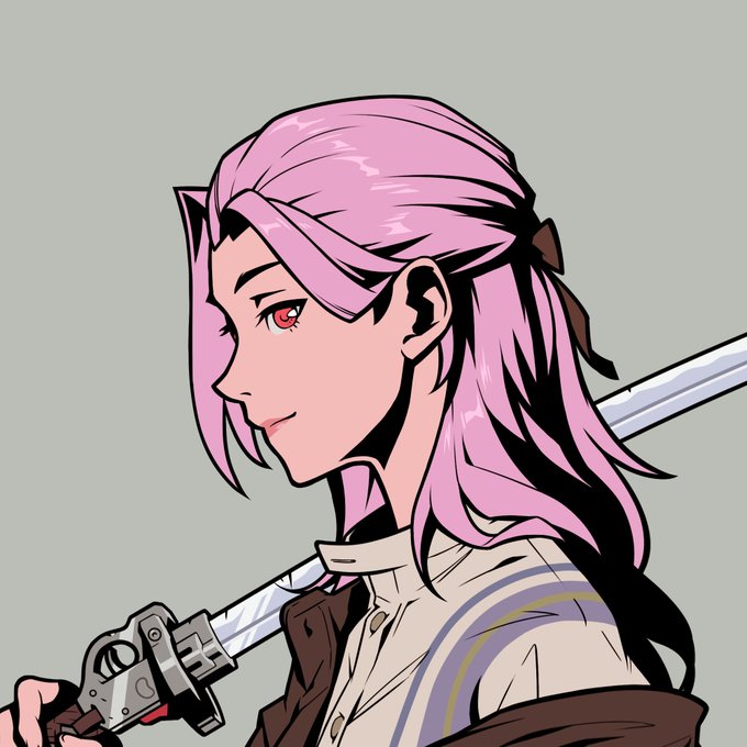 A side-profile anime-style illustration of a pink-haired character with red eyes, holding a sword, wearing a white and brown outfit.