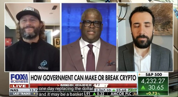 A Fox Business segment titled "How Government Can Make or Break Crypto" features three men in a split-screen interview format, with the S&P 500 ticker displayed at 4,232.27 (+30.65). The accompanying post appears to be a personal appeal directed at David Gokhshtein (likely one of the guests), urging him to remember his roots while referencing Bitcoin's upward price movement shown in the broadcast.