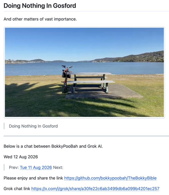 A webpage titled 'Doing Nothing In Gosford' featuring a photo of a picnic table by a body of water with a small bicycle, describing a chat between BokkyPooBah and Grok AI dated 12 Aug 2026.