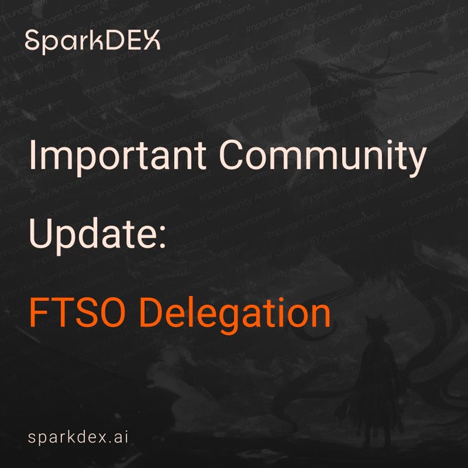 A dark promotional graphic titled 'Important Community Update: FTSO Delegation' from SparkDEX (sparkdex.ai), featuring a faint background image of a dragon and a figure.