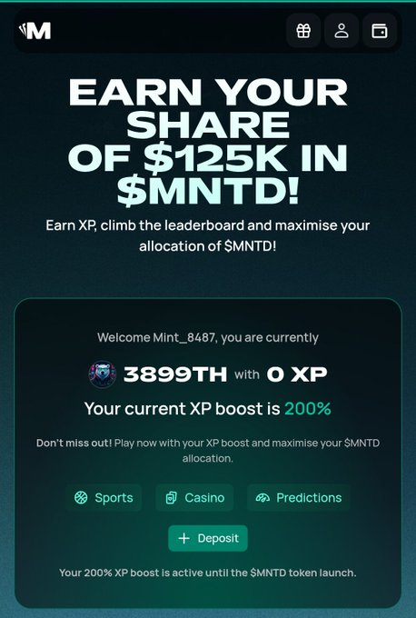 A mobile app promotional screen for $MNTD offering a share of $125K, greeting user 'Mint_8487' with rank 3899TH, 0 XP, and a 200% XP boost active until the $MNTD token launch, featuring Sports, Casino, and Predictions categories.