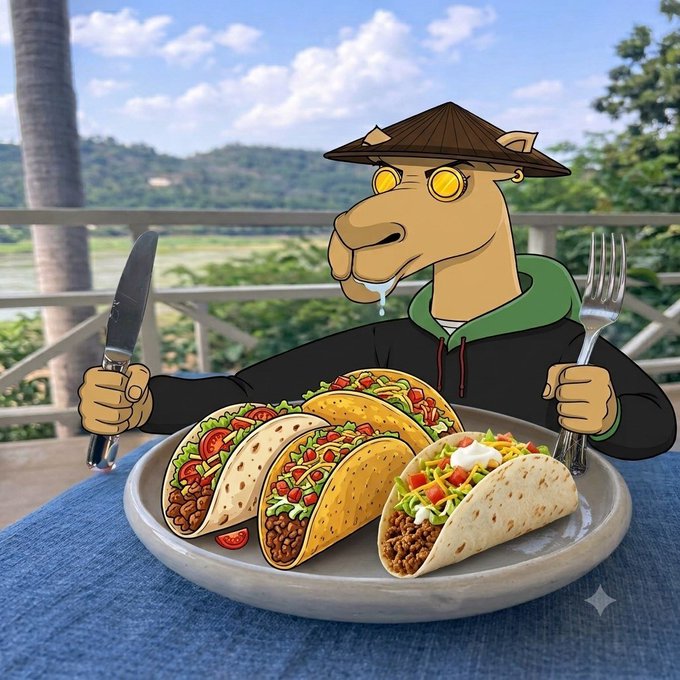 A cartoon camel wearing a conical hat and hoodie sits at an outdoor table holding a knife and fork, ready to eat a plate of tacos against a scenic landscape backdrop.