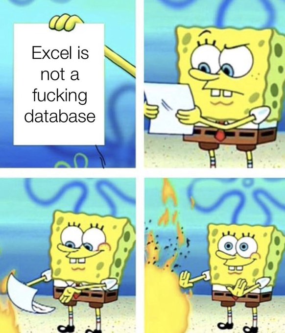 A SpongeBob SquarePants meme with text 'Excel is not a fucking database,' showing SpongeBob reading the statement before setting the paper on fire.