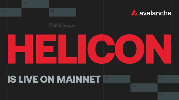 A promotional graphic for the Avalanche blockchain network features a black background with red "HELICON" text and white "IS LIVE ON MAINNET" text, alongside the Avalanche logo.