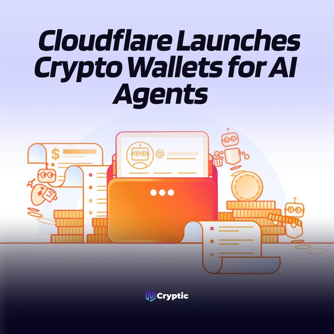 An illustrated graphic titled "Cloudflare Launches Crypto Wallets for AI Agents" featuring robot characters alongside digital wallets, documents, and coin stacks, visually representing Cloudflare's new system that enables AI agents to conduct autonomous online payments via stablecoins, with human-managed Account Wallets and agent-assigned Virtual Wallets as mentioned in the accompanying post.