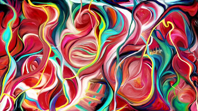 A vibrant abstract painting with swirling, fluid forms in bold reds, pinks, teals, yellows, and white. The composition is dynamic and heavily textured, resembling mixed poured paint.