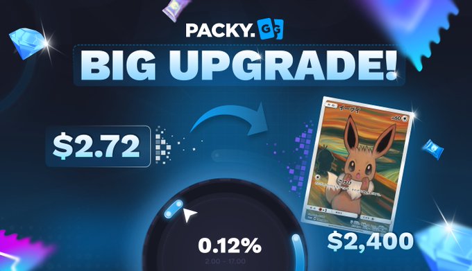 A Packy.G advertisement celebrates a "BIG UPGRADE!" showing a $2.72 investment transformed into a $2,400 Eevee Pokémon card (worth 880x), with a 0.12% progress meter displayed at the bottom—illustrating the platform's promise of turning small investments into high-value card returns.