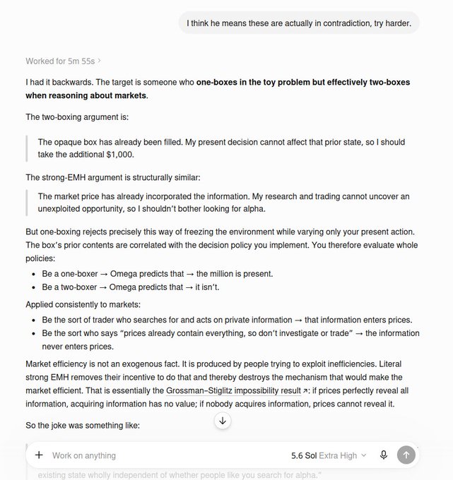 A screenshot of a chat conversation with the AI model "5.6 Sol Extra High" explaining the Newcomb's Paradox and Efficient Market Hypothesis paradox, showing its response about one-boxing vs two-boxing and market efficiency. The post notes that the user had forgotten the original meaning of their tweet and asked the AI to reconstruct it, which the displayed conversation demonstrates.