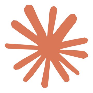 A simple graphic illustration of a coral-colored starburst or flower-like shape with multiple pointed petals radiating from a central point on a white background.