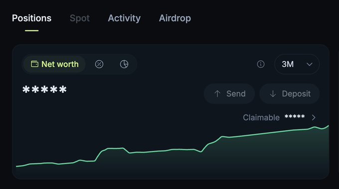 A screenshot of Jupiter Portfolio on Solana displays a "Positions" tab with the "Net worth" view over a 3M timeframe, showing a balance obscured by asterisks alongside a green upward-trending performance graph. The image supports the user's claim of strong portfolio growth on the platform, with "Send," "Deposit," and "Claimable" options visible.