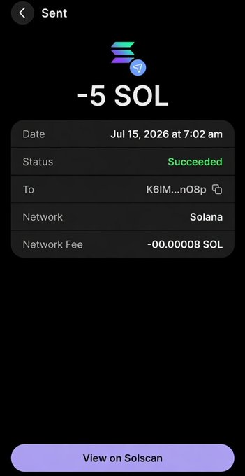 A screenshot of a successful Solana transaction showing -5 SOL sent on July 15, 2026, with a network fee of -0.00008 SOL, confirming the giveaway winner payout from the post.