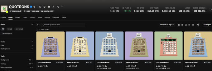 A screenshot of a digital marketplace called 'QUOTRONS' displaying various NFT items featuring word search grids, with prices listed in ETH.