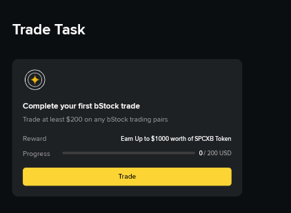 The image shows a screenshot of a trading platform called Binance, which offers a new campaign for users who complete their first BStock trade. The campaign allows users to gain rewards up to $100,000 worth of SPCXB tokens. In the bottom right corner of the image, there is text instructing users on how to participate in this campaign and what it involves.