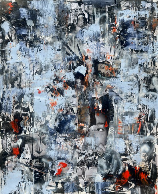 An abstract mixed-media collage painting features distressed layers of gray, black, and blue with splashes of red, incorporating faded facial imagery, text fragments, and dripping paint effects.