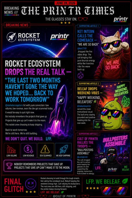 The Printr Times, dated June 29, 2026, features a breaking news headline from Rocket Ecosystem ("Rocket Ecosystem Drops The Real Talk") with supporting articles "We Are So Back" by KET on Solana and "Happy Weekend Beleafers" by Beleaf, alongside a third "Bullposters Assemble" piece—styled as a satirical meme newspaper poking fun at the crypto project's recent setbacks and comeback.
