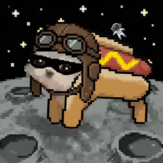 A pixel art illustration of a cute dog dressed as an aviator, wearing goggles and a scarf, with a hot dog body, standing on the moon with an astronaut floating in the starry background.