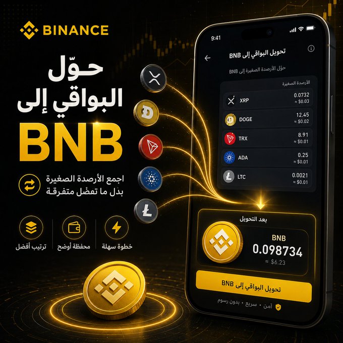 A Binance promotional graphic in Arabic shows a smartphone displaying conversion of small crypto balances—XRP (0.0732), DOGE (12.45), TRX (8.91), ADA (0.25), and LTC (0.0021)—totaling approximately $6.23, into 0.098734 BNB. The headline reads "حوّل البواقي إلى BNB" (Convert leftovers to BNB), visually reinforcing the post's message about consolidating small crypto balances into BNB on Binance.