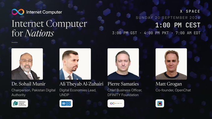 A promotional graphic for an "Internet Computer for Nations" X Space event on Sunday 20 September 2026 at 1:00 PM CEST, featuring speakers Dr. Sohail Munir, Ali Theyab Al-Zuhairi, Pierre Samaties, and Matt Grogan.