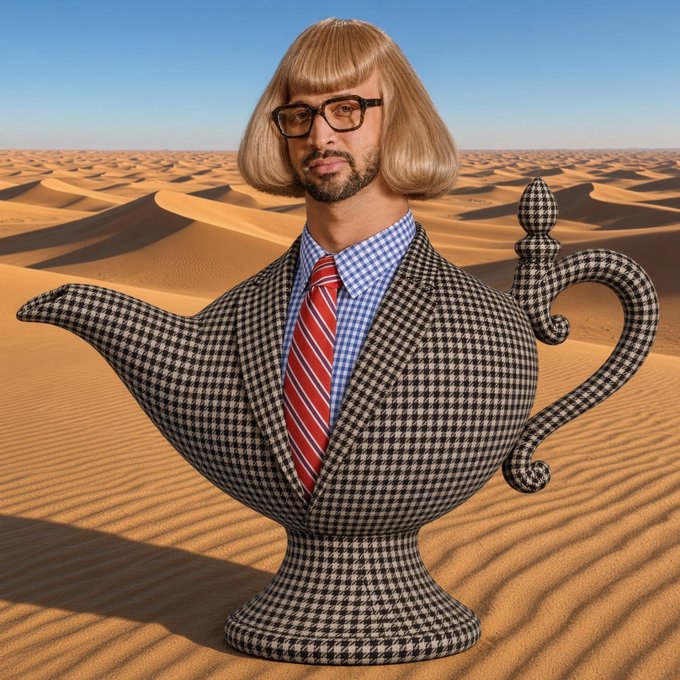 Surreal AI-generated image of a man with a blonde bob wig, glasses, and beard wearing a checkered suit jacket, whose body transforms into a houndstooth-patterned genie lamp set against a desert backdrop.
