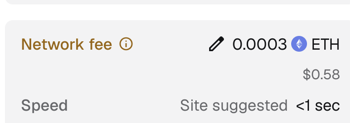 The image displays a transaction fee summary showing a network fee of 0.0003 ETH (approximately $0.58) with a "Site suggested" speed of "<1 sec," illustrating the high gas estimation on a platform like Uniswap compared to Robinhood Crypto's actual costs.