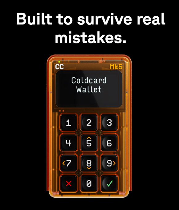 An advertisement for the Coldcard Mk5 hardware wallet with the tagline 'Built to survive real mistakes,' featuring an orange-translucent device with a numeric keypad.
