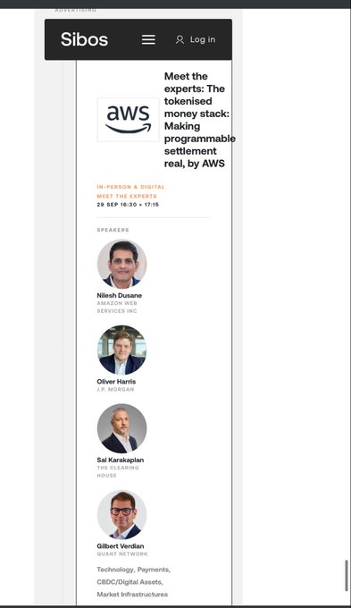 The image is a promotional flyer from Sibos for an AWS-hosted event titled "Meet the experts: The tokenised money stack: Making programmable settlement real, by AWS," held on September 29 from 16:30-17:15, featuring speakers Nilesh Dusane (Amazon Web Services), Oliver Harris (J.P. Morgan), Sai Karunakaran (The Clearing House), and Gilbert Verdian (Quant Network). The accompanying post highlights Quant Network's ($QNT) appearance alongside major financial institutions like J.P. Morgan and The Clearing House at this tokenized deposit network event, suggesting a significant industry milestone.