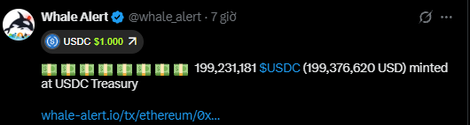 A tweet from 'Whale Alert' (@whale_alert) reporting that 199,231,181 USDC ($199,376,620 USD) was minted at USDC Treasury.