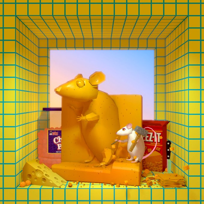 A 3D-rendered scene in a yellow-tiled room showing a small white mouse holding a hammer next to a giant cheese mouse, with cereal boxes and cheese scattered around.