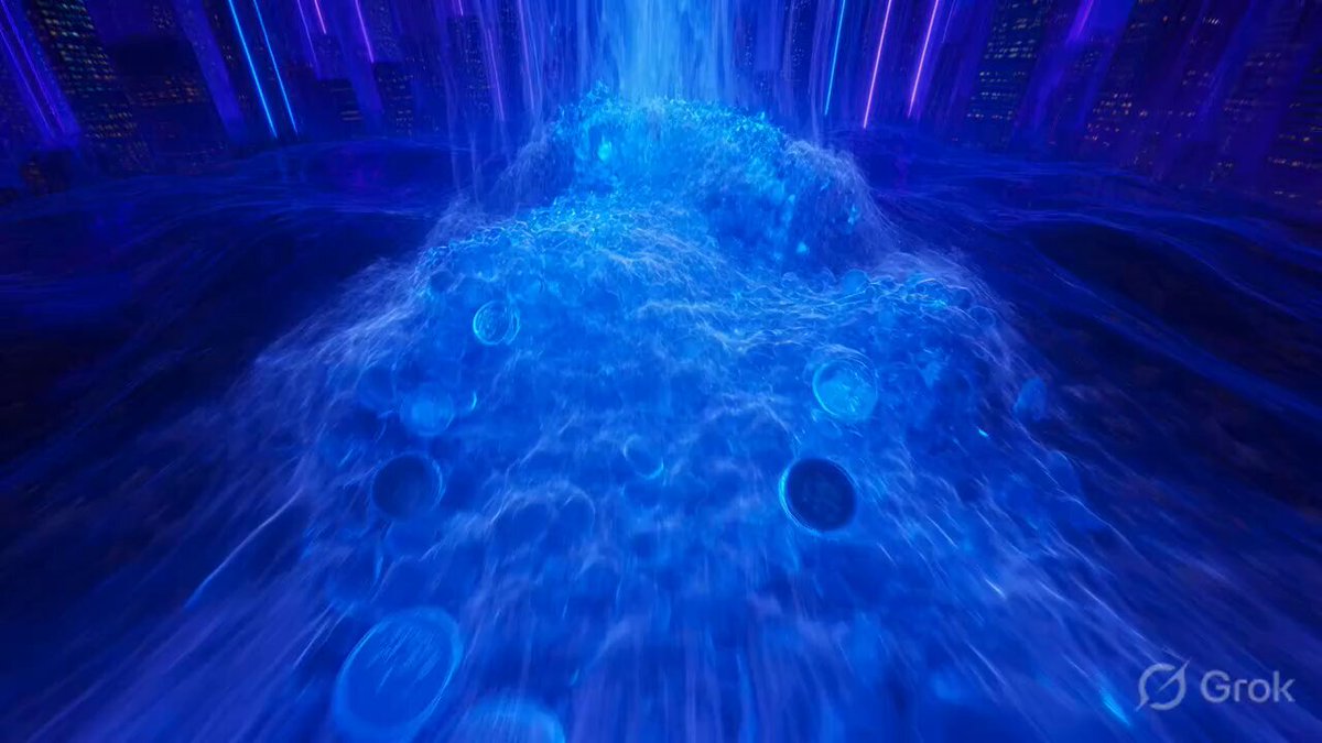 The image shows a blue, flowing river with floating coins scattered throughout the water. The coins appear to be of various sizes and shapes, adding an interesting visual element to the scene. The perspective suggests that the viewer is looking down into the river from above or at its base level. The surrounding cityscape in the background provides context for this unique setting, as it could potentially represent a financial system or a metaphor related to money management.