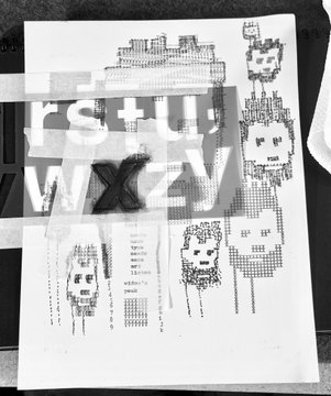 A black-and-white zine or art print featuring pixelated character illustrations and the text 'rstuv wxyz' overlaid on a translucent rectangle.