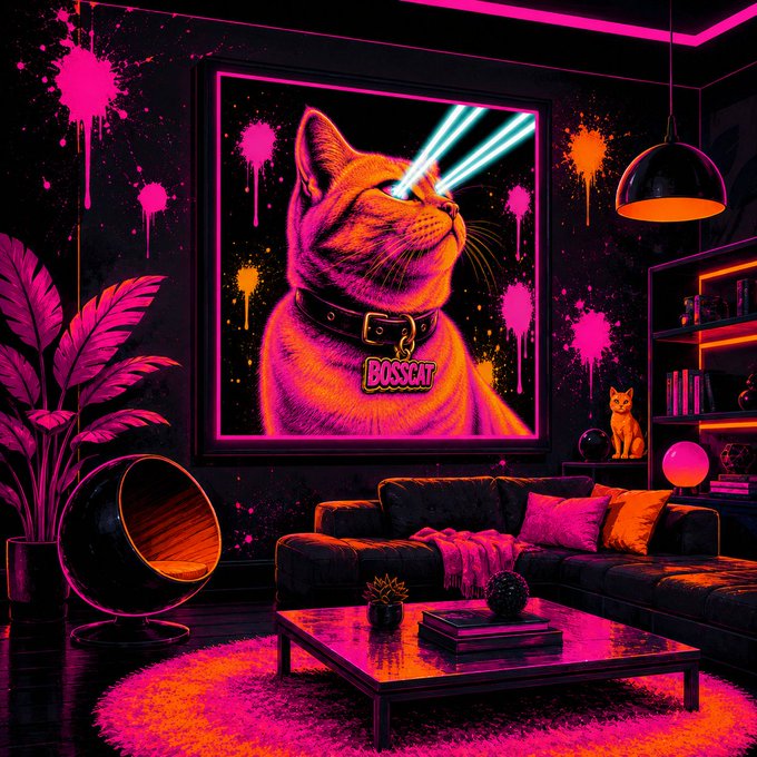 A neon-lit living room features a large framed poster of a fierce orange cat with glowing laser eyes and a collar reading "BOSSCAT," reinforcing the post's pitch for a trustworthy memecoin. Paint splatters in pink and orange decorate the dark walls, while a cozy sectional sofa, glossy coffee table, and modern accents complete the vibrant, meme-inspired space.