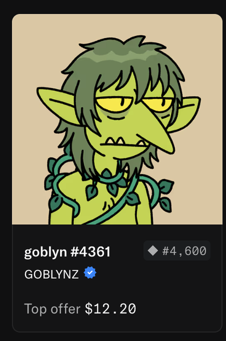NFT listing for "goblyn #4361" by GOBLYNZ, ranked #4,600 with a top offer of $12.20, featuring an illustrated green goblin character wrapped in vines.