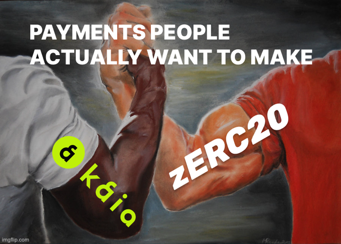 A 'Payments people actually want to make' meme depicting an arm-wrestling match between Kadena (KDA) and zERC20, styled after the famous muscular arms painting.