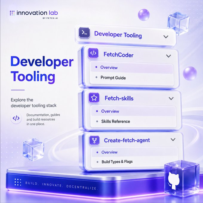 A promotional image for 'innovation lab BY FETCH.AI' showcasing 'Developer Tooling' with expandable sections for FetchCoder, Fetch-skills, and Create-fetch-agent, accompanied by the tagline 'BUILD. INNOVATE. DECENTRALIZE.'