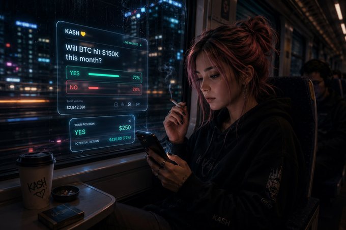 In this image, there's a woman sitting inside a train car looking at her phone while smoking a cigarette. She appears to be engaged with an app or message displayed on her phone screen. The scene takes place during nighttime, as evidenced by the dark surroundings of the train car and the illuminated city lights outside. The image also contains text that reads "Kash is built around that idea,Take a position @kash_bot #Kash". This suggests that the woman might be using an app or messaging platform related to cryptocurrency or investing in it, possibly as part of her daily routine or personal interest.