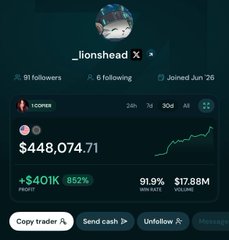 The image shows a trader profile from the Markets.xyz app featuring @_lionshead, who has 91 followers, is following 6 people, and joined in June '25. The profile displays an impressive $448,074.71 account value with a +$401K (+852%) profit, a 91.9% win rate, and $17.88M volume, along with a green upward-trending chart, visually confirming the post's claim of the trader's remarkable +$400K PnL and 852% gains over the past 30 days.