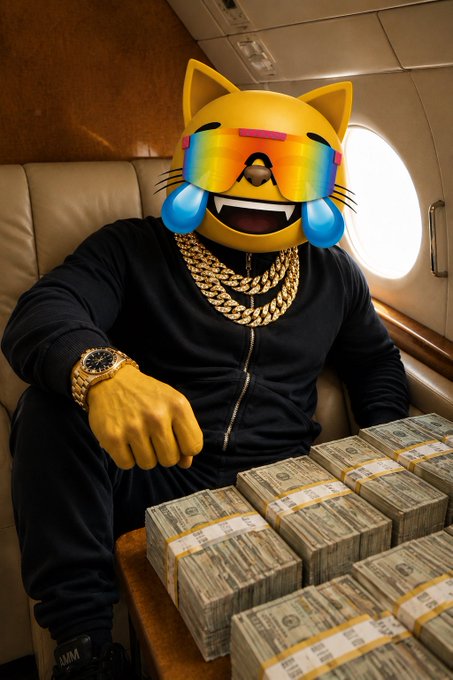 A person in a private jet wearing a black tracksuit, gold chains, and a watch, with a cat emoji face, sitting next to stacks of bundled cash.