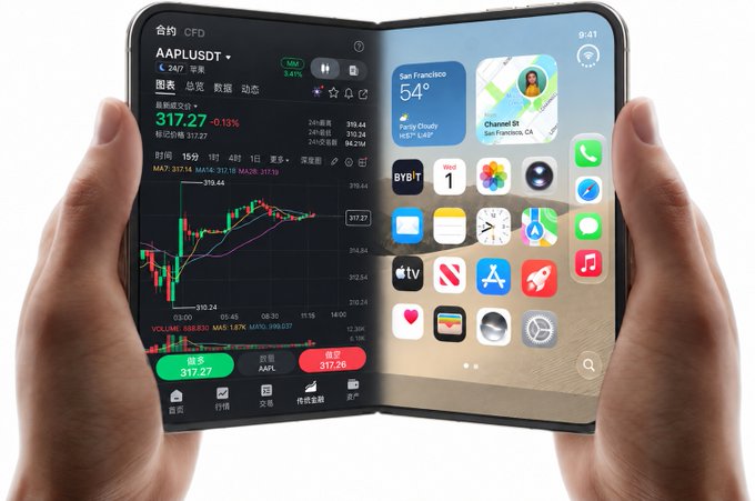 Hands holding a foldable smartphone displaying a stock chart for AAPL.USDT on one screen and iOS home screen icons on the other.