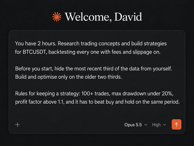A chat interface displays 'Welcome, David' with a task prompt: 'You have 2 hours. Research trading concepts and build strategies for BTCUSDT, backtesting every one with fees and slippage on.' It requires 100+ trades, max drawdown under 20%, profit factor above 1.1, and beating buy and hold.
